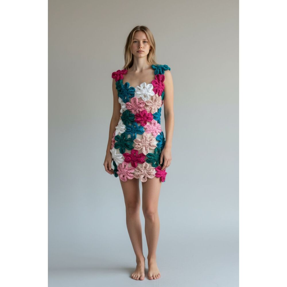 THE FLORAL FAIRY CROCHET MINI DRESS - XXS-S - HANDMADE